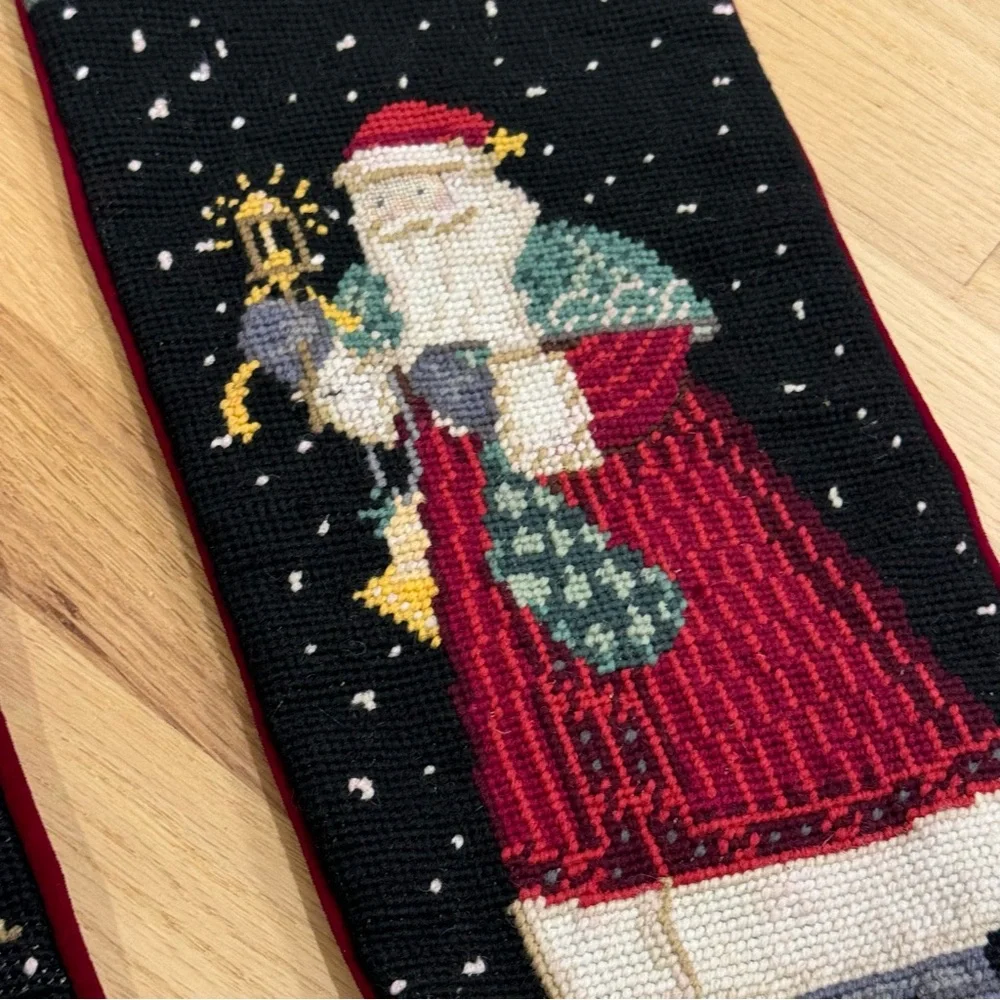 2 Vintage Wool Christmas Stockings Santa   Needlepoint  19